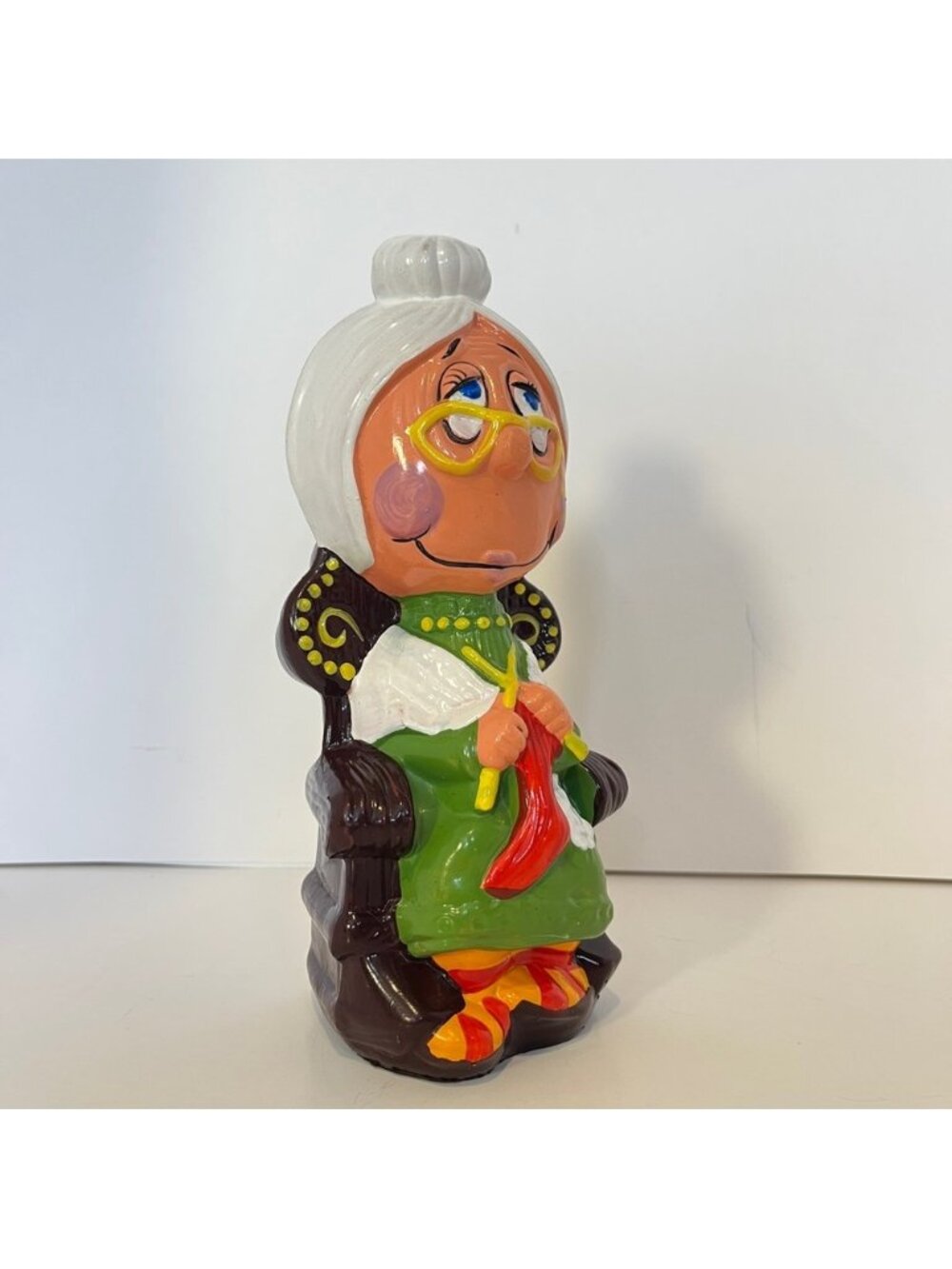 Vintage Gift Craft Old Lady Knitting Money Piggy Bank On Rocking Chair 60s 70s